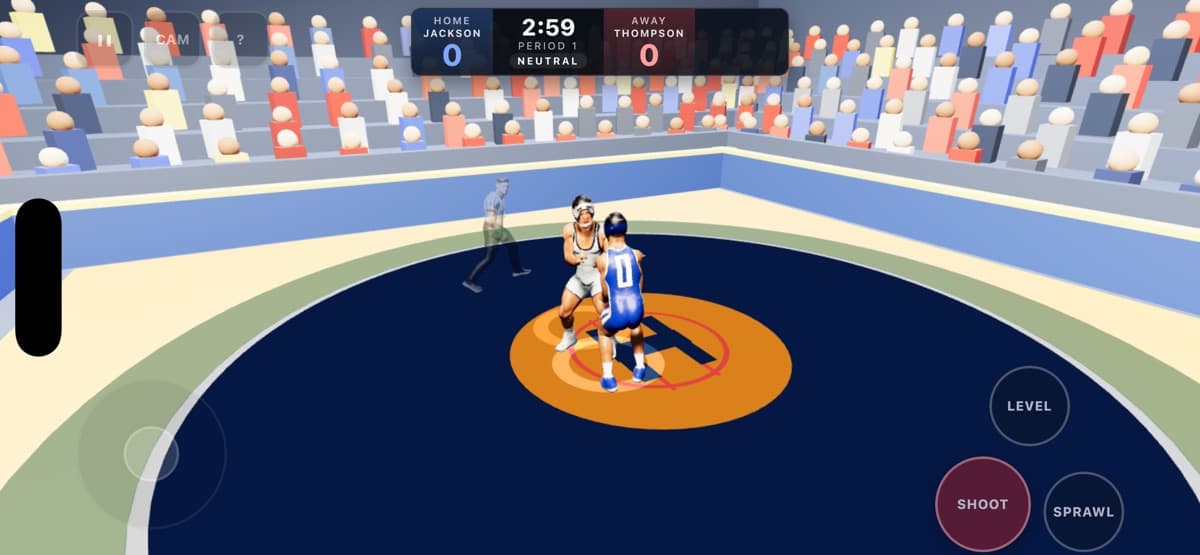 The browser demo of The Campaigne, two wrestlers on a mat with on-screen controls.