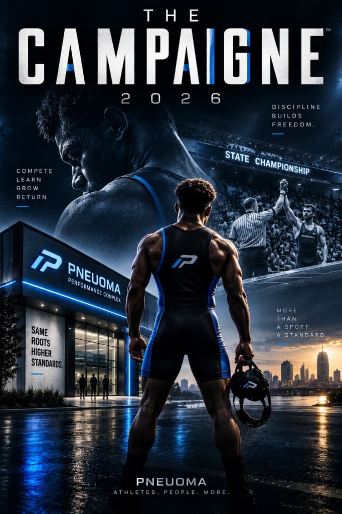 Official cover art for The Campaigne. A wrestler in a PNEUOMA singlet stands before an arena.